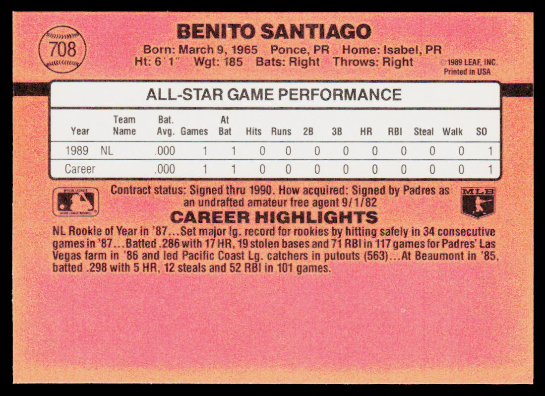 Benito Santiago 1990 Donruss #708b ERR San Diego Padres