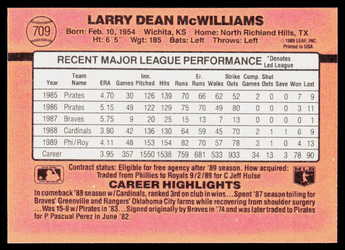 Larry McWilliams 1990 Donruss #709 Kansas City Royals