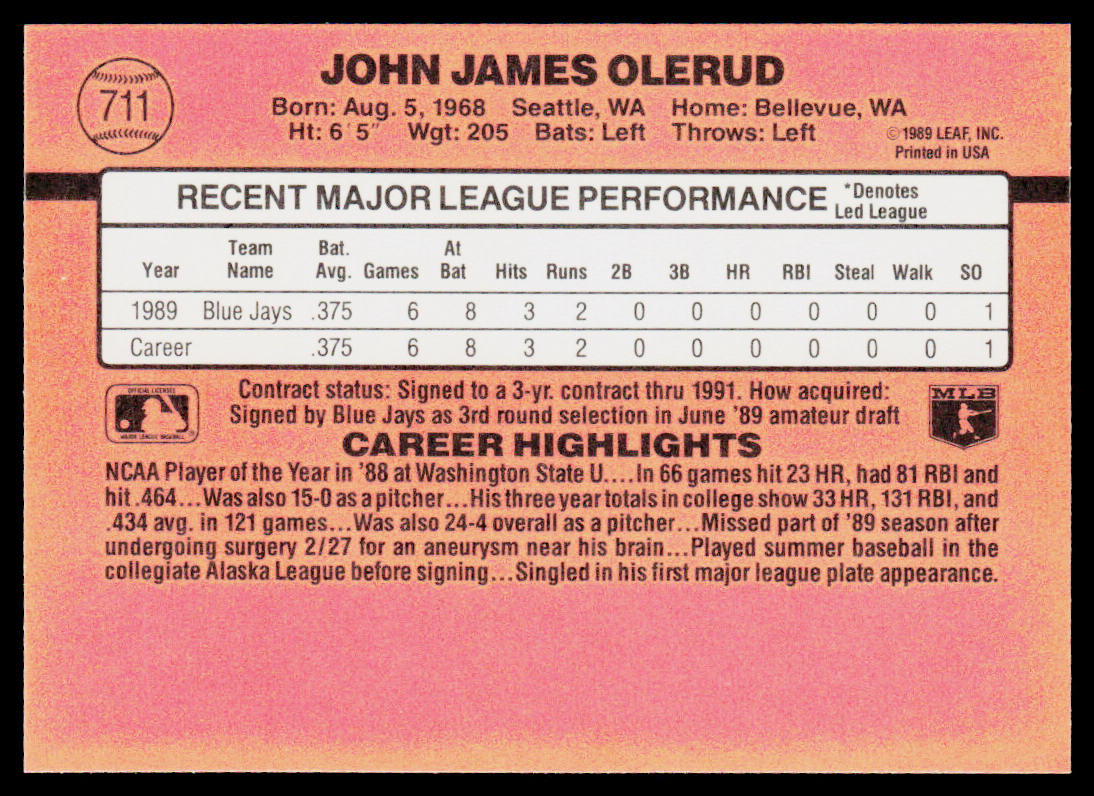John Olerud 1990 Donruss #711 RC Toronto Blue Jays