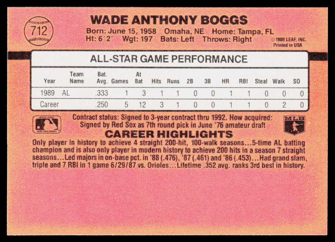 Wade Boggs 1990 Donruss #712b ERR Boston Red Sox