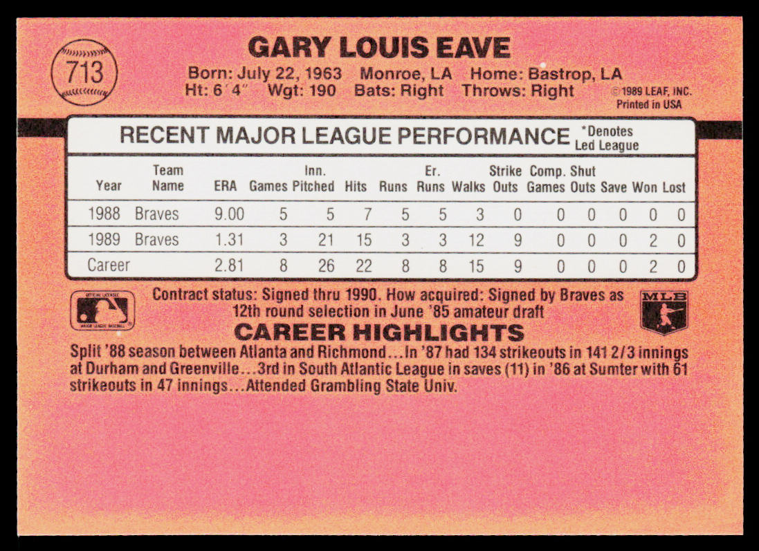 Gary Eave 1990 Donruss #713 RC Atlanta Braves
