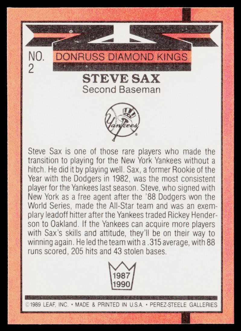 Steve Sax 1990 Donruss #2b New York Yankees