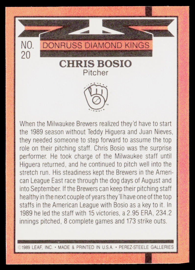 Chris Bosio 1990 Donruss #20 Milwaukee Brewers