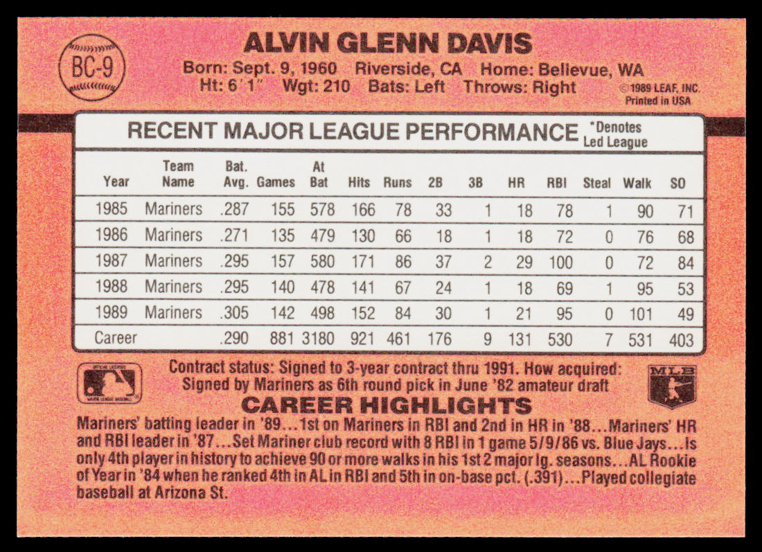 Alvin Davis 1990 Donruss Bonus MVP's #BC-9 Seattle Mariners