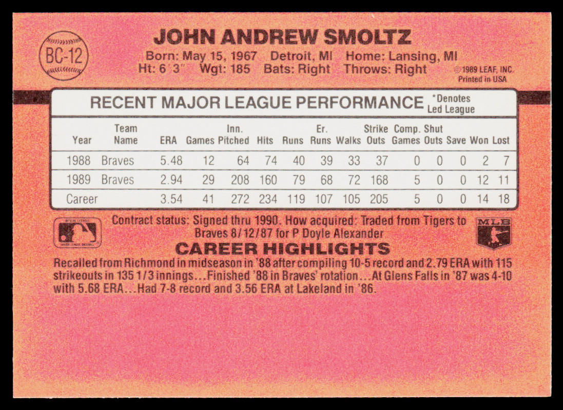 John Smoltz 1990 Donruss Bonus MVP's #BC-12 Atlanta Braves