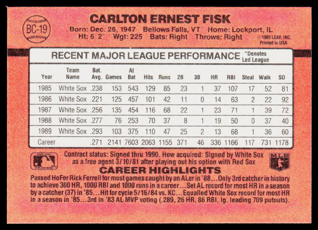 Carlton Fisk 1990 Donruss Bonus MVP's #BC-19 Chicago White Sox