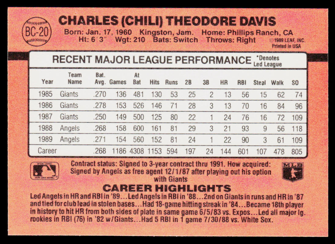 Chili Davis 1990 Donruss Bonus MVP's #BC-20 California Angels