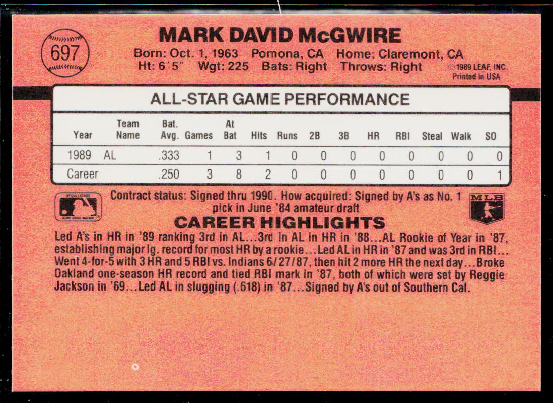 Mark McGwire 1990 Donruss #697e Oakland Athletics