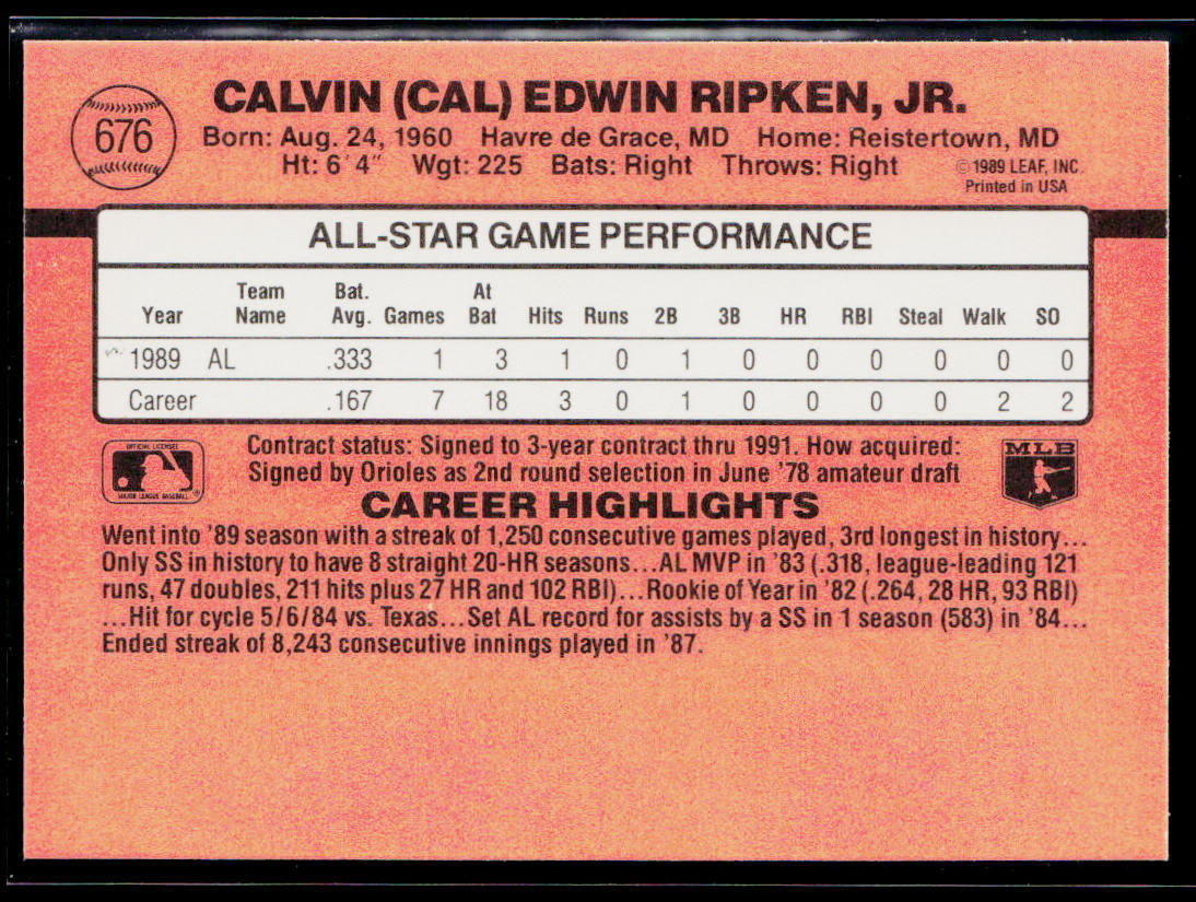 Cal Ripken 1990 Donruss #676c Baltimore Orioles