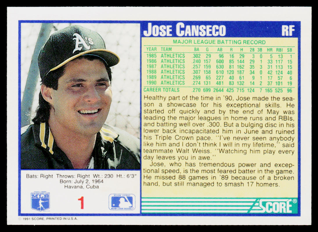 Jose Canseco 1991 Score #1 Oakland Athletics