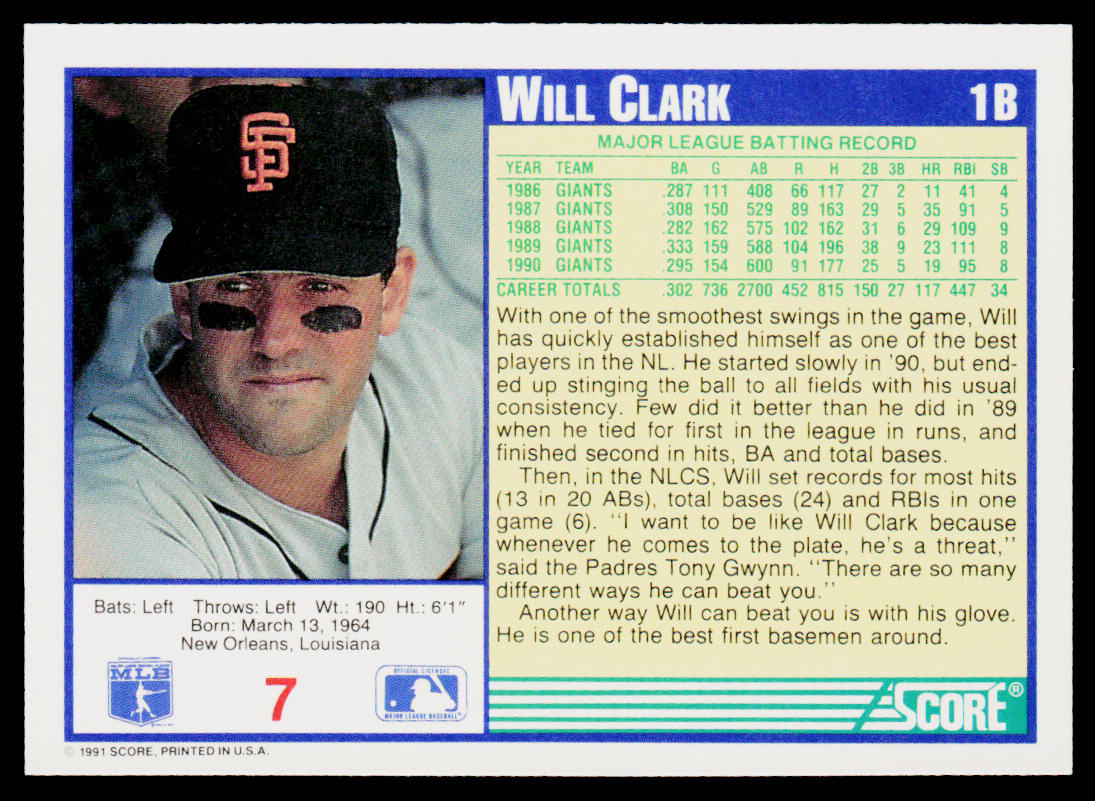 Will Clark 1991 Score #7 San Francisco Giants