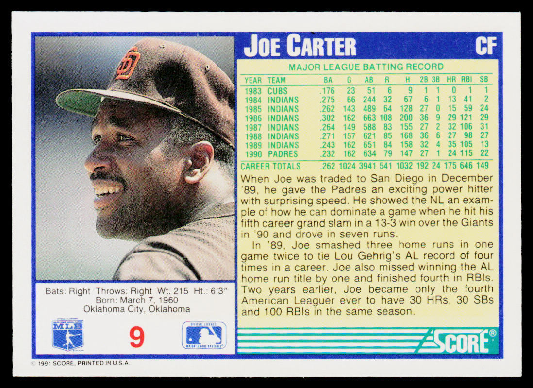 Joe Carter 1991 Score #9 San Diego Padres