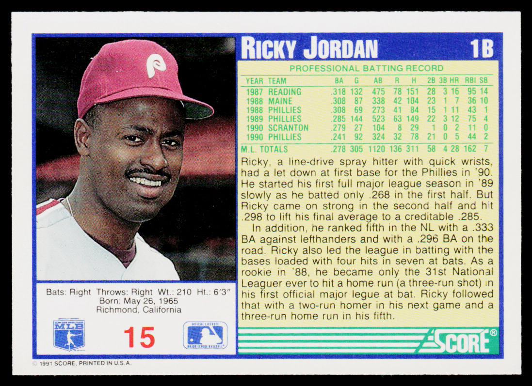Ricky Jordan 1991 Score #15 Philadelphia Phillies