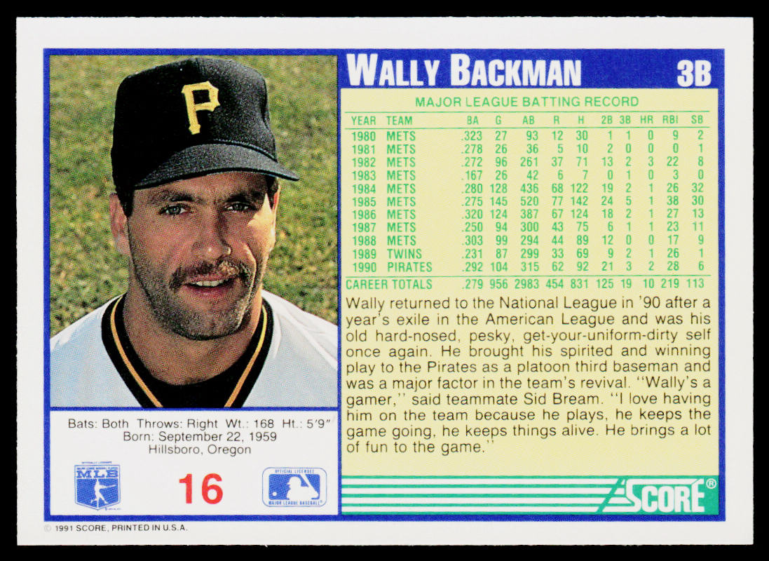 Wally Backman 1991 Score #16 Pittsburgh Pirates