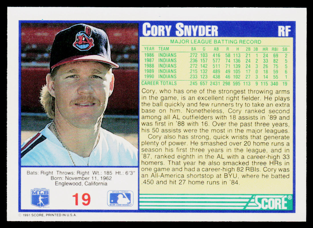 Cory Snyder 1991 Score #19 Cleveland Indians
