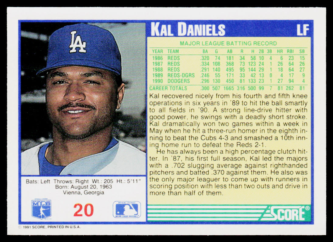 Kal Daniels 1991 Score #20 Los Angeles Dodgers