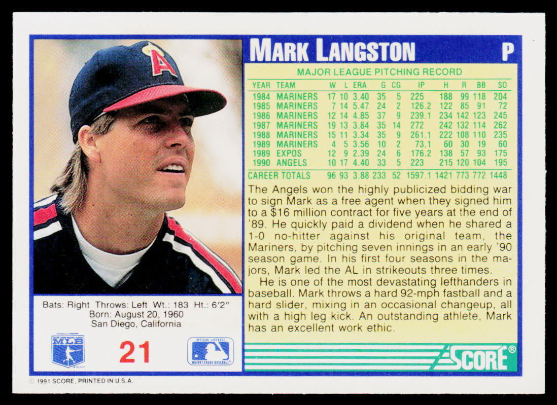 Mark Langston 1991 Score #21 California Angels