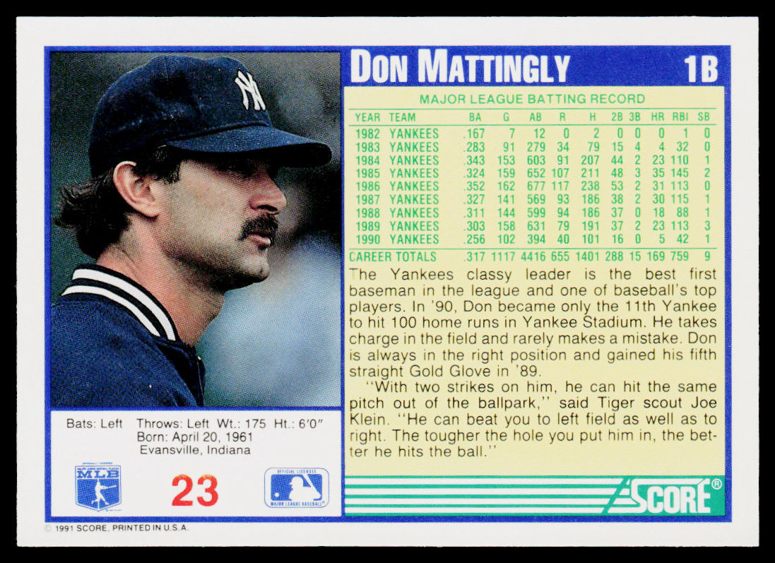 Don Mattingly 1991 Score #23 New York Yankees