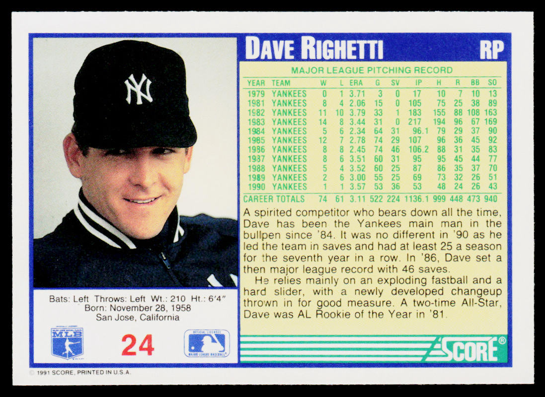 Dave Righetti 1991 Score #24 New York Yankees