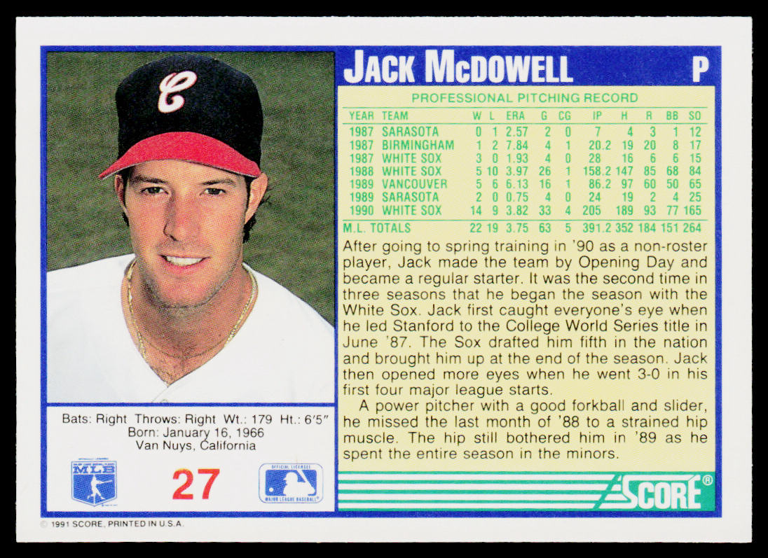 Jack McDowell 1991 Score #27 Chicago White Sox