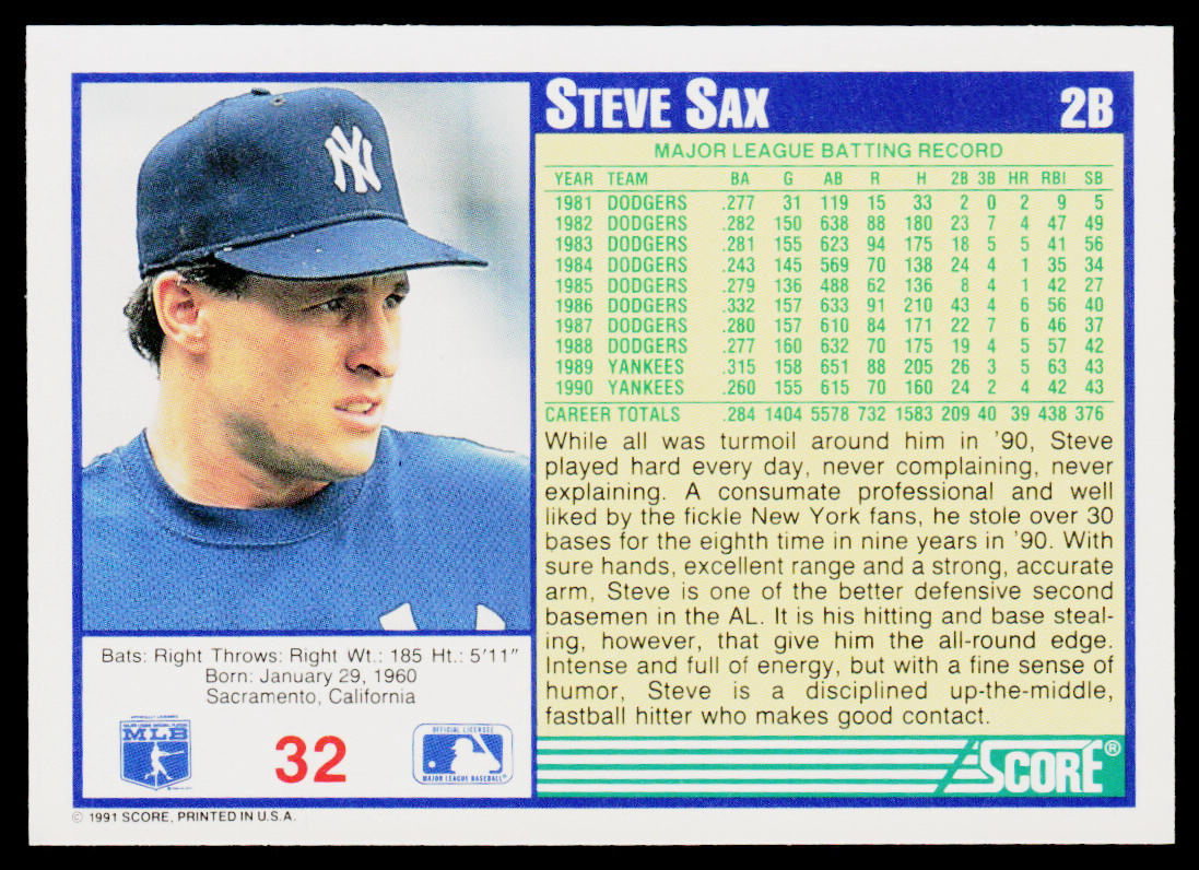 Steve Sax 1991 Score #32 New York Yankees