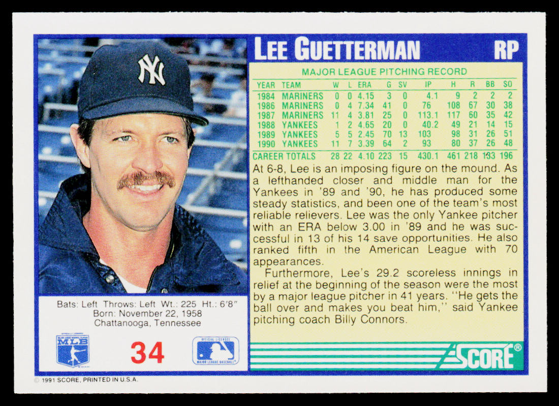 Lee Guetterman 1991 Score #34 New York Yankees