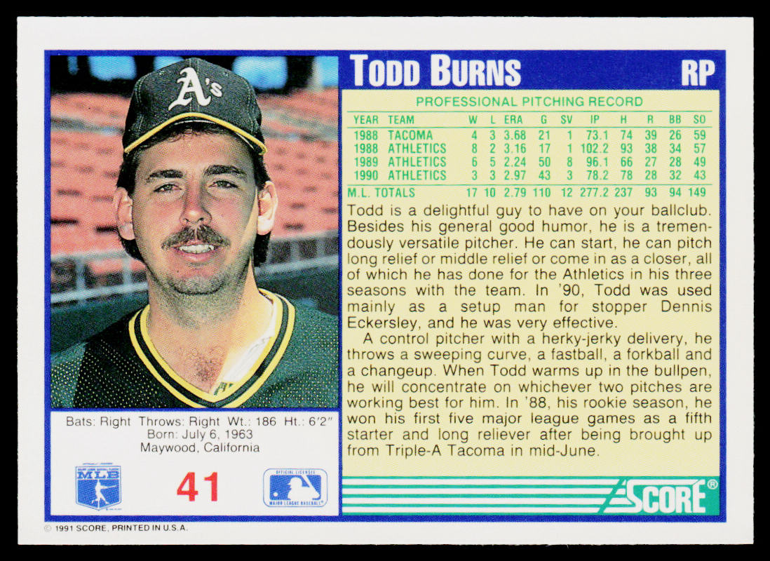 Todd Burns 1991 Score #41 Oakland Athletics