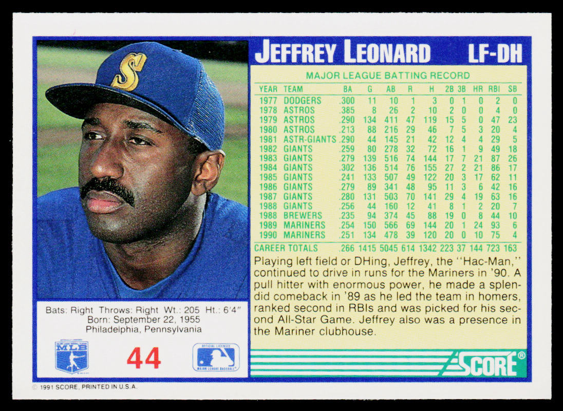 Jeffrey Leonard 1991 Score #44 Seattle Mariners