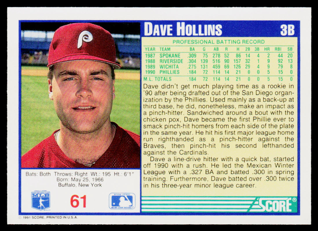 Dave Hollins 1991 Score #61 Philadelphia Phillies