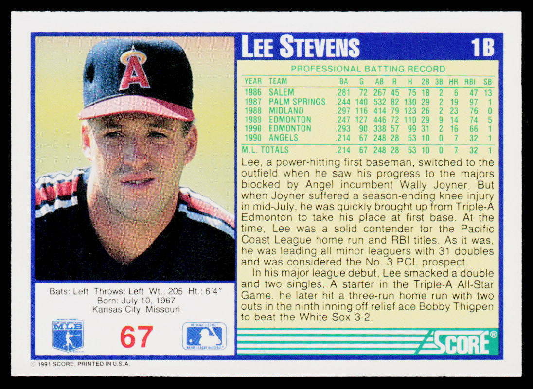 Lee Stevens 1991 Score #67 California Angels