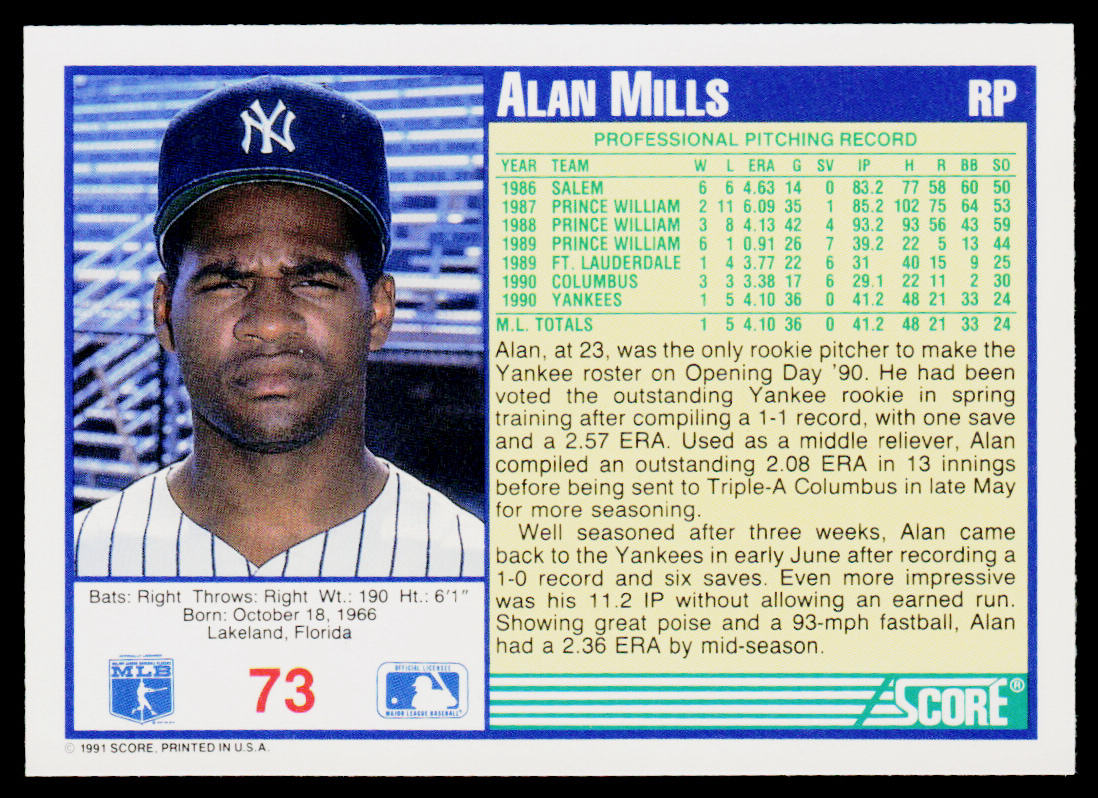 Alan Mills 1991 Score #73 New York Yankees