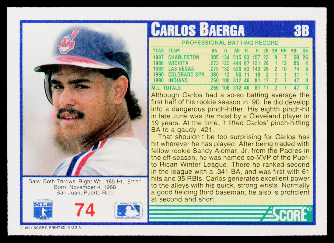 Carlos Baerga 1991 Score #74 Cleveland Indians