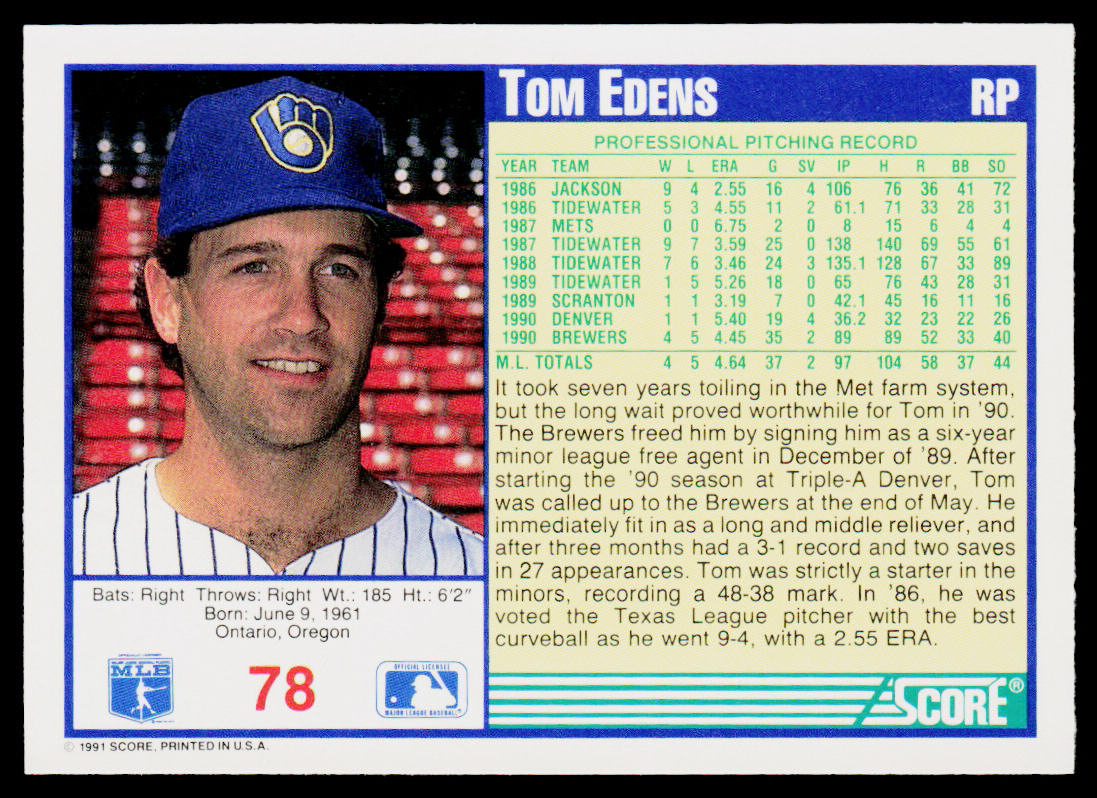 Tom Edens 1991 Score #78 RC Milwaukee Brewers