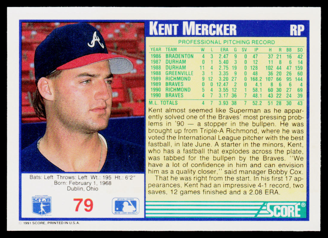 Kent Mercker 1991 Score #79 Atlanta Braves
