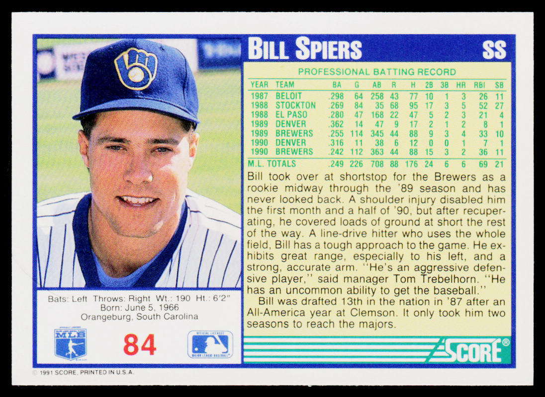 Bill Spiers 1991 Score #84 Milwaukee Brewers