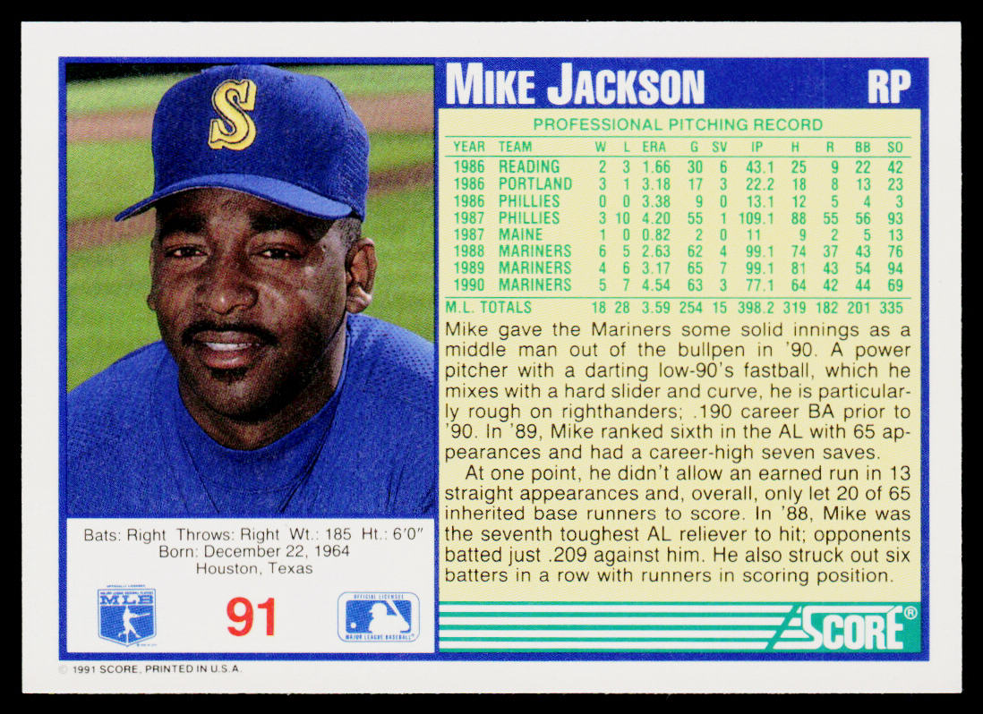 Mike Jackson 1991 Score #91 Seattle Mariners