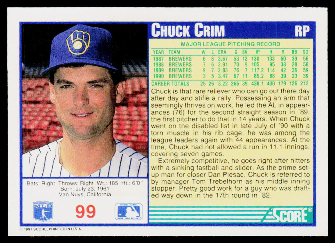 Chuck Crim 1991 Score #99 Milwaukee Brewers