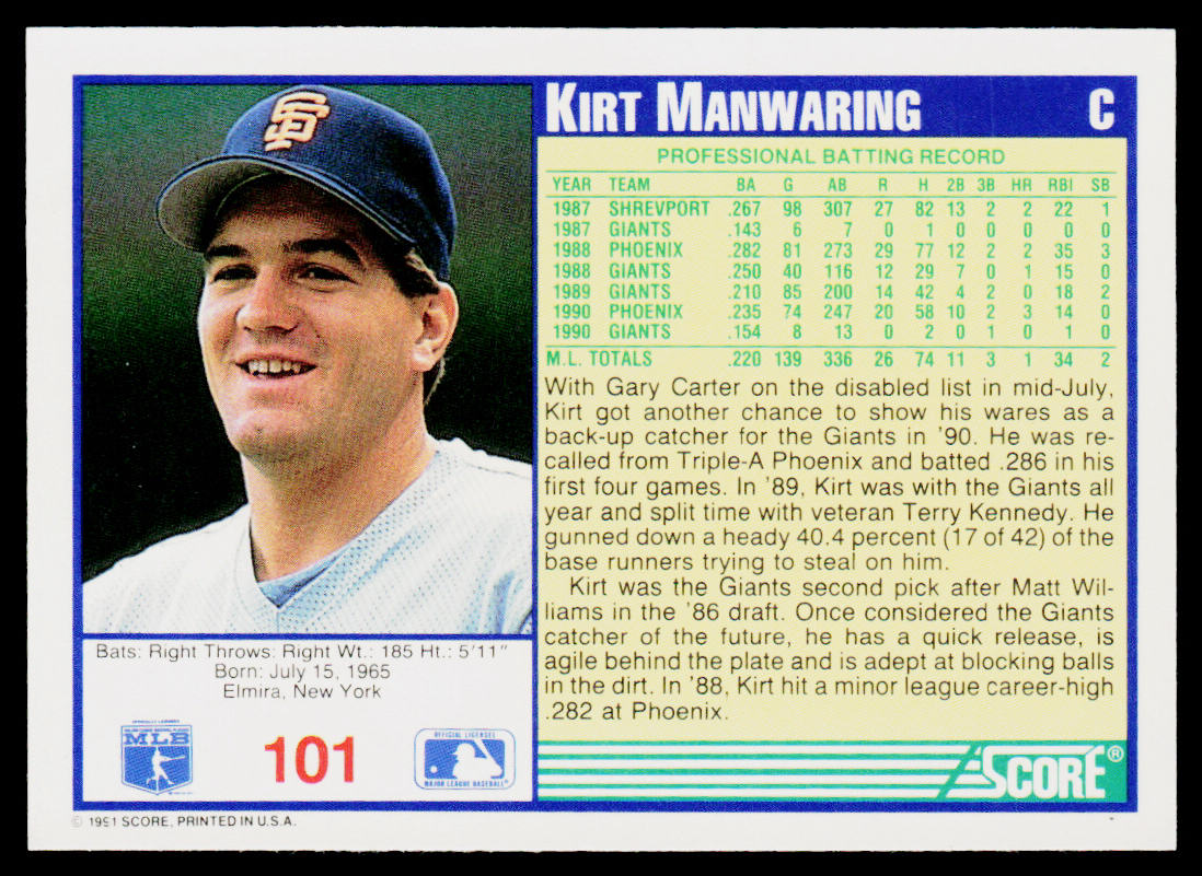 Kirt Manwaring 1991 Score #101 San Francisco Giants