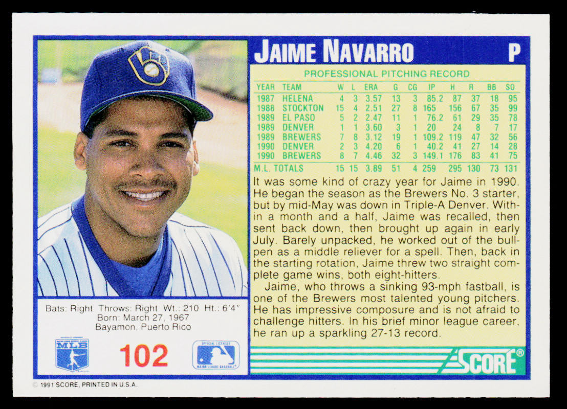 Jaime Navarro 1991 Score Promos #102 Milwaukee Brewers