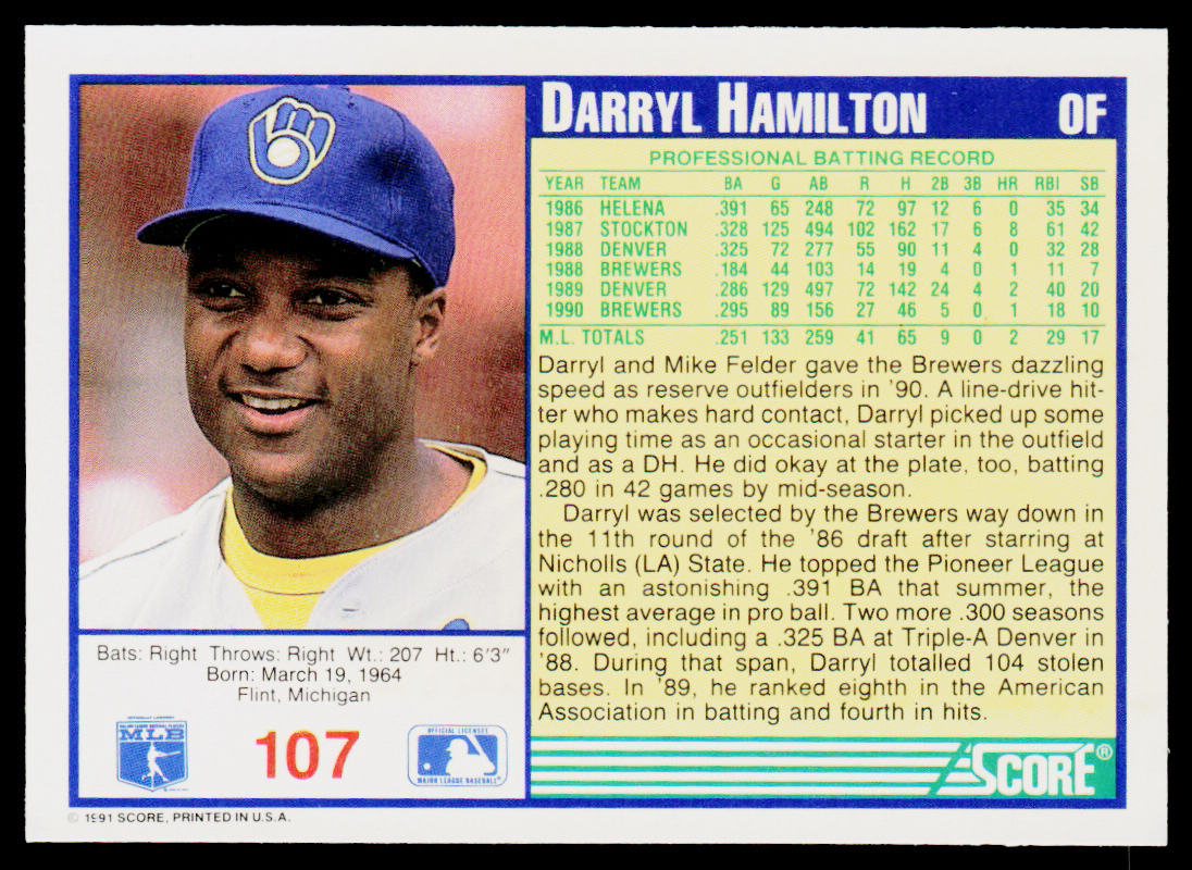 Darryl Hamilton 1991 Score Promos #107 Milwaukee Brewers