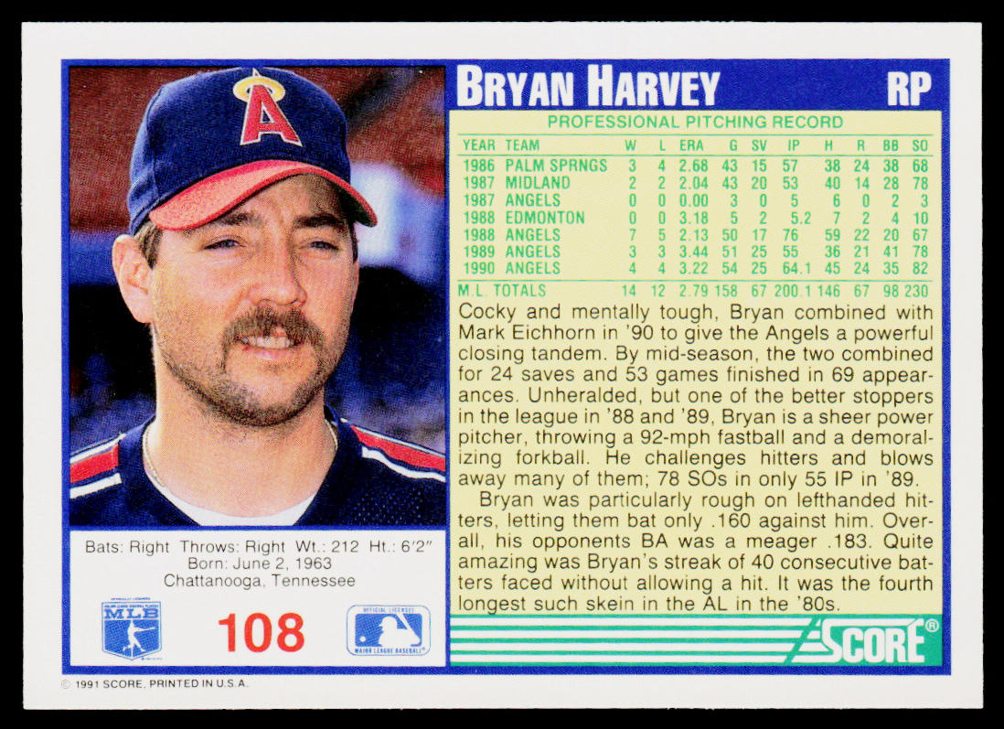 Bryan Harvey 1991 Score #108 California Angels