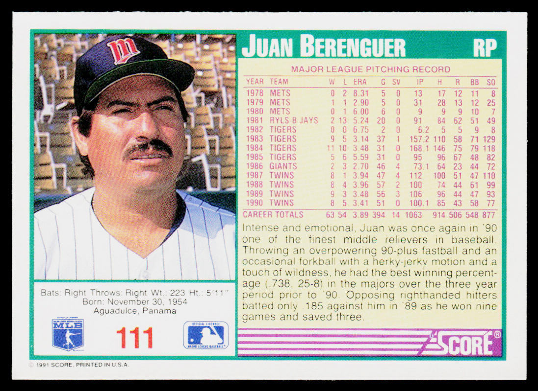 Juan Berenguer 1991 Score #111 Minnesota Twins