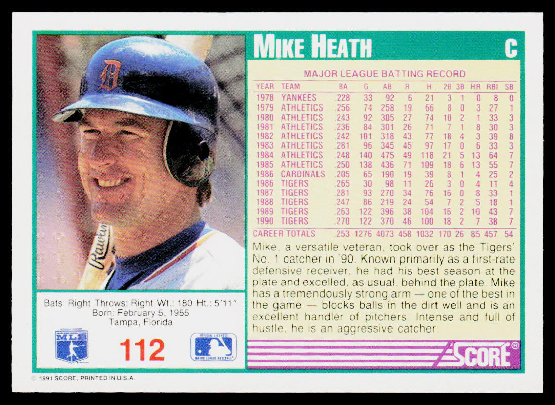 Mike Heath 1991 Score #112 Detroit Tigers