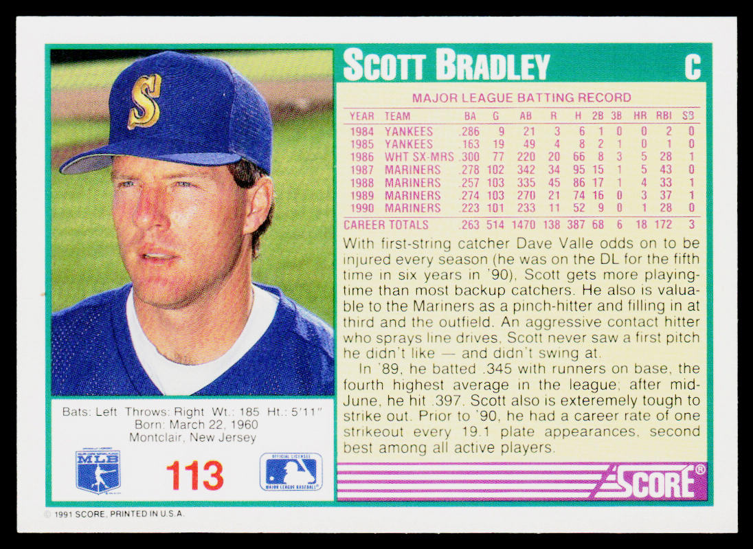 Scott Bradley 1991 Score Promos #113 Seattle Mariners