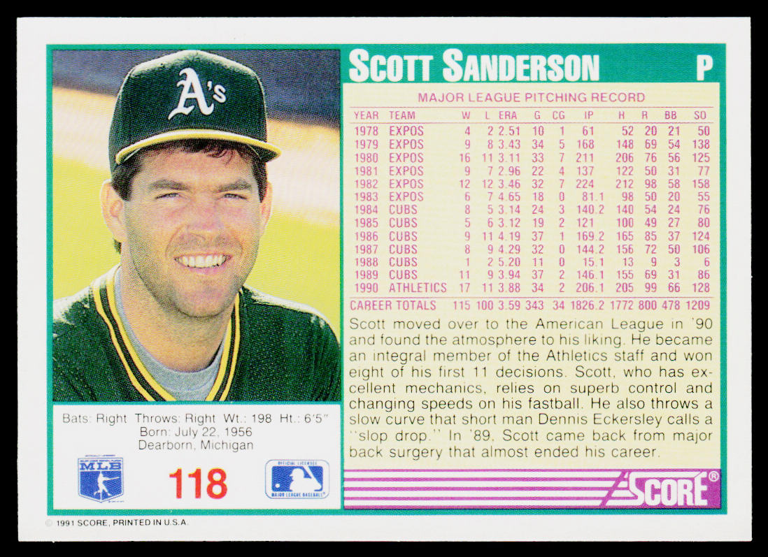 Scott Sanderson 1991 Score Promos #118 Oakland Athletics