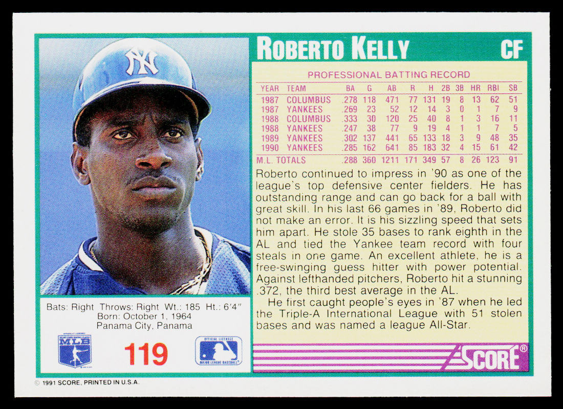 Roberto Kelly 1991 Score Promos #119 New York Yankees