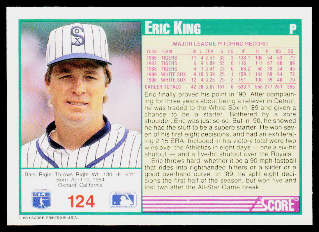 Eric King 1991 Score #124 Chicago White Sox