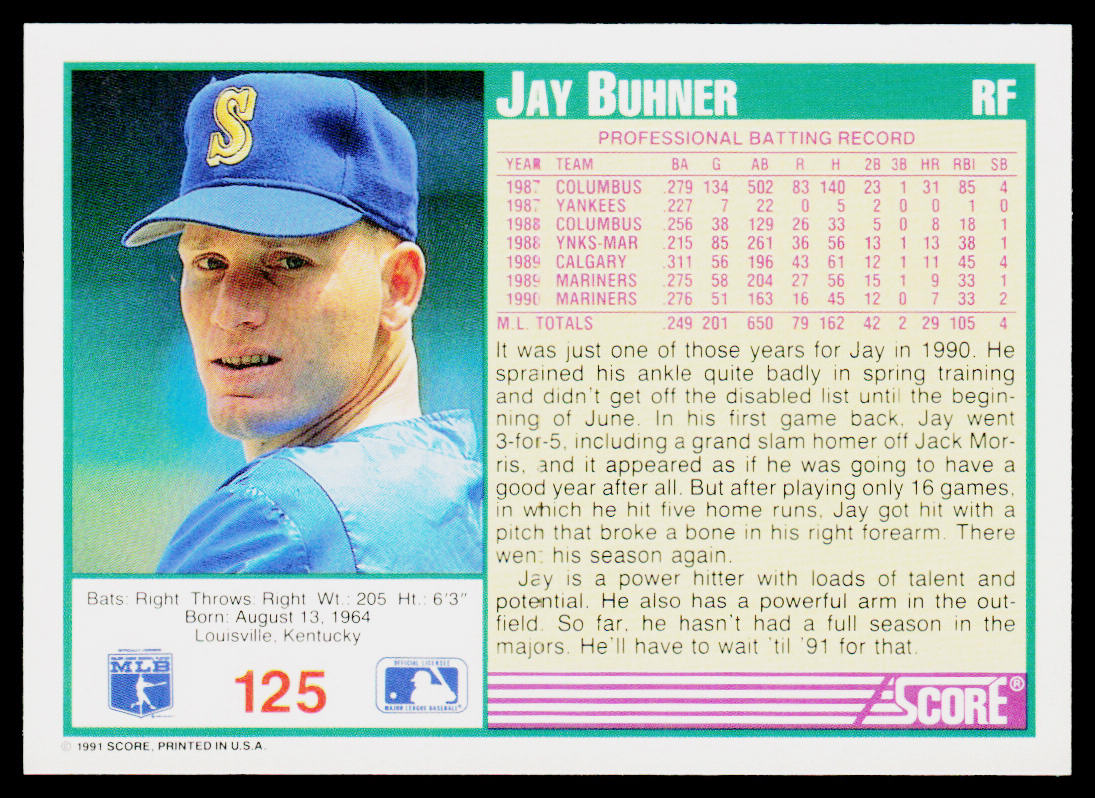Jay Buhner 1991 Score Promos #125 Seattle Mariners