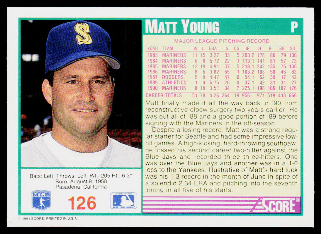 Matt Young 1991 Score #126 Seattle Mariners