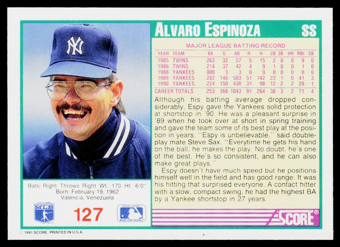 Alvaro Espinoza 1991 Score #127 New York Yankees